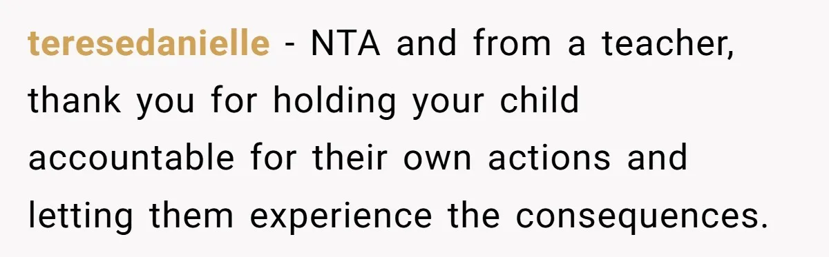 teresedanielle − NTA and from a teacher, thank you for holding your child accountable for their own actions and letting them experience the consequences.