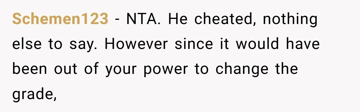 Schemen123 − NTA. He cheated, nothing else to say. However since it would have been out of your power to change the grade,