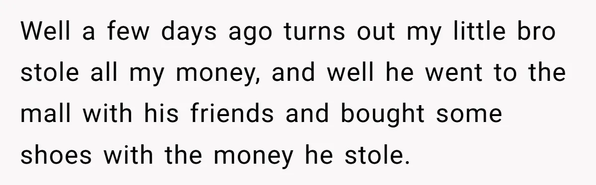Well a few days ago turns out my little bro stole all my money, and well he went to the mall with his friends and bought some shoes with the...