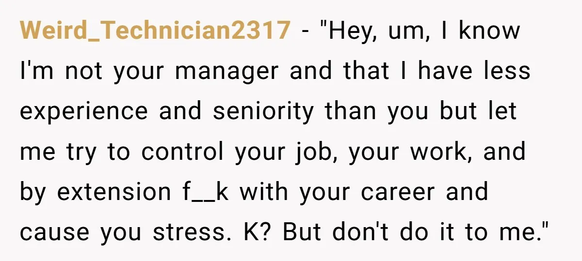 Weird_Technician2317 − "Hey, um, I know I'm not your manager and that I have less experience and seniority than you but let me try to control your job, your work,...