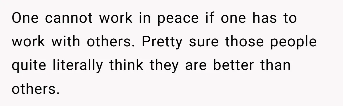 One cannot work in peace if one has to work with others. Pretty sure those people quite literally think they are better than others.