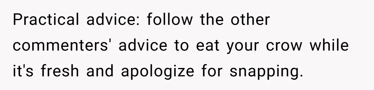 Practical advice: follow the other commenters' advice to eat your crow while it's fresh and apologize for snapping.