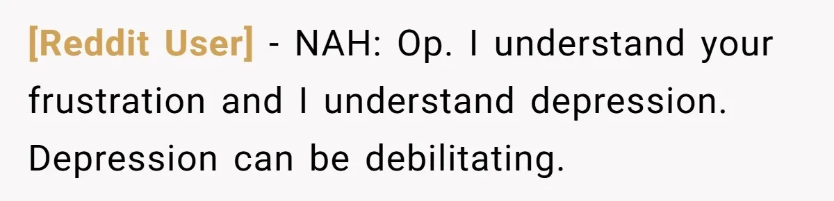 [Reddit User] − NAH: Op. I understand your frustration and I understand depression. Depression can be debilitating.