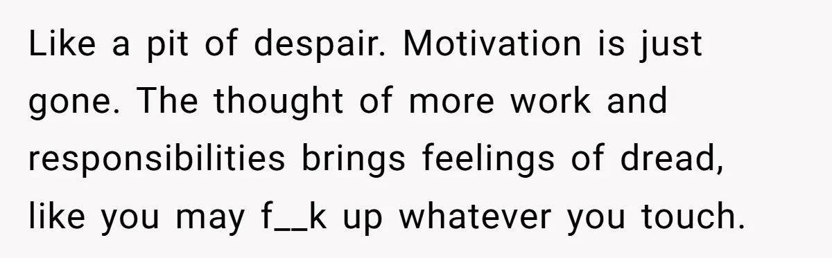 Like a pit of despair. Motivation is just gone. The thought of more work and responsibilities brings feelings of dread, like you may f__k up whatever you touch.