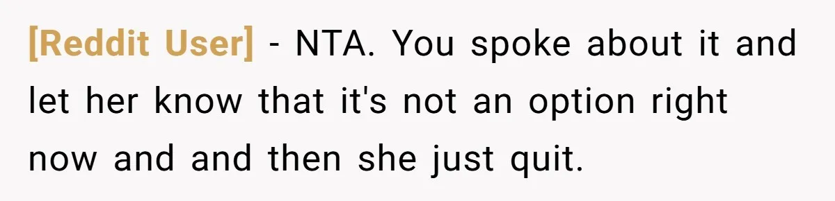 [Reddit User] − NTA. You spoke about it and let her know that it's not an option right now and and then she just quit.