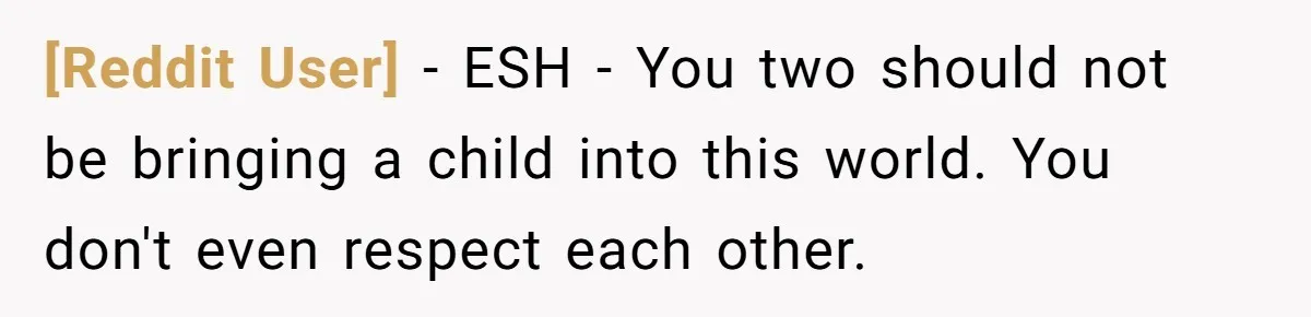 [Reddit User] − ESH - You two should not be bringing a child into this world. You don't even respect each other.
