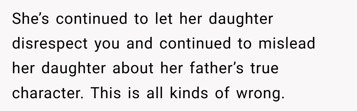 She’s continued to let her daughter disrespect you and continued to mislead her daughter about her father’s true character. This is all kinds of wrong.