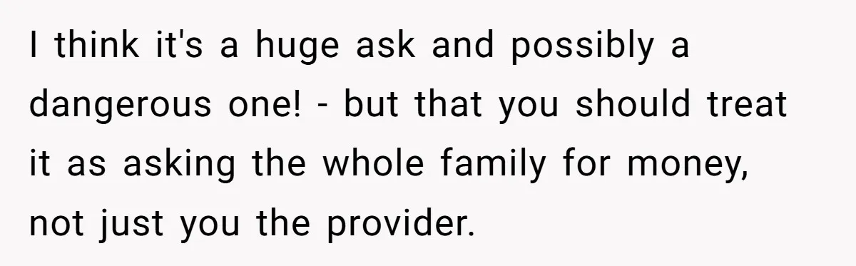 I think it's a huge ask and possibly a dangerous one! - but that you should treat it as asking the whole family for money, not just you the provider.
