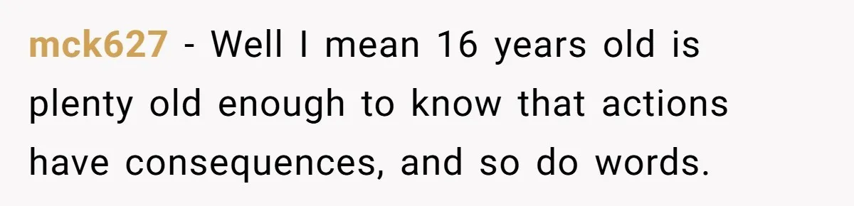 mck627 − Well I mean 16 years old is plenty old enough to know that actions have consequences, and so do words.