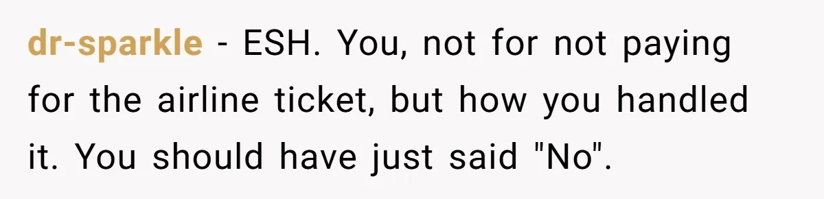 dr-sparkle − ESH. You, not for not paying for the airline ticket, but how you handled it. You should have just said "No".