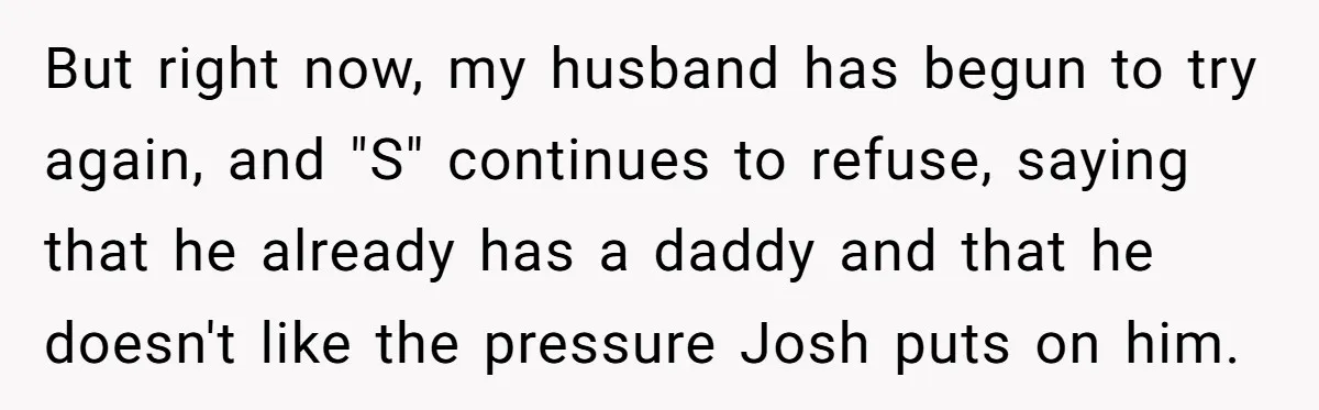 But right now, my husband has begun to try again, and "S" continues to refuse, saying that he already has a daddy and that he doesn't like the pressure Josh...