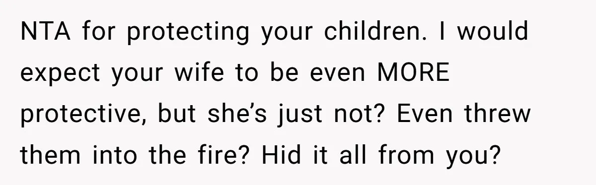 NTA for protecting your children. I would expect your wife to be even MORE protective, but she’s just not? Even threw them into the fire? Hid it all from you?