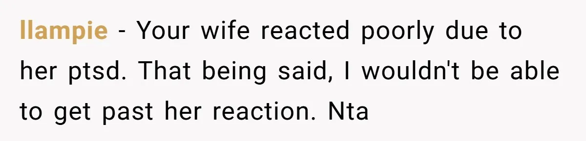 llampie − Your wife reacted poorly due to her ptsd. That being said, I wouldn't be able to get past her reaction. Nta