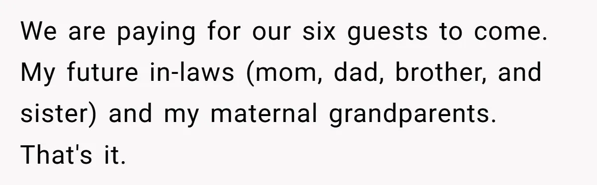 We are paying for our six guests to come. My future in-laws (mom, dad, brother, and sister) and my maternal grandparents. That's it.