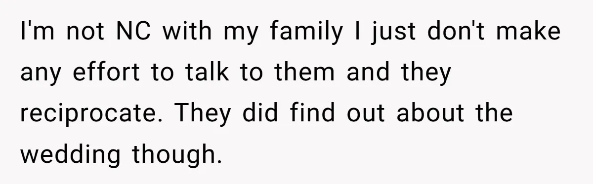 I'm not NC with my family I just don't make any effort to talk to them and they reciprocate. They did find out about the wedding though.
