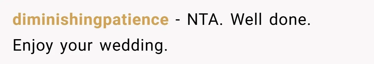 diminishingpatience − NTA. Well done. Enjoy your wedding.