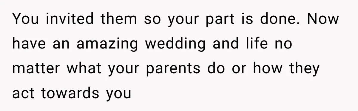 You invited them so your part is done. Now have an amazing wedding and life no matter what your parents do or how they act towards you
