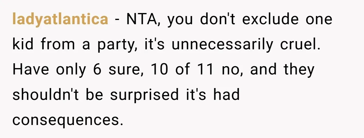ladyatlantica − NTA, you don't exclude one kid from a party, it's unnecessarily cruel. Have only 6 sure, 10 of 11 no, and they shouldn't be surprised it's had consequences.