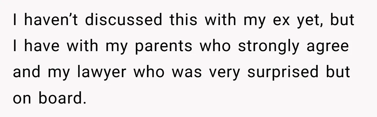 I haven’t discussed this with my ex yet, but I have with my parents who strongly agree and my lawyer who was very surprised but on board.