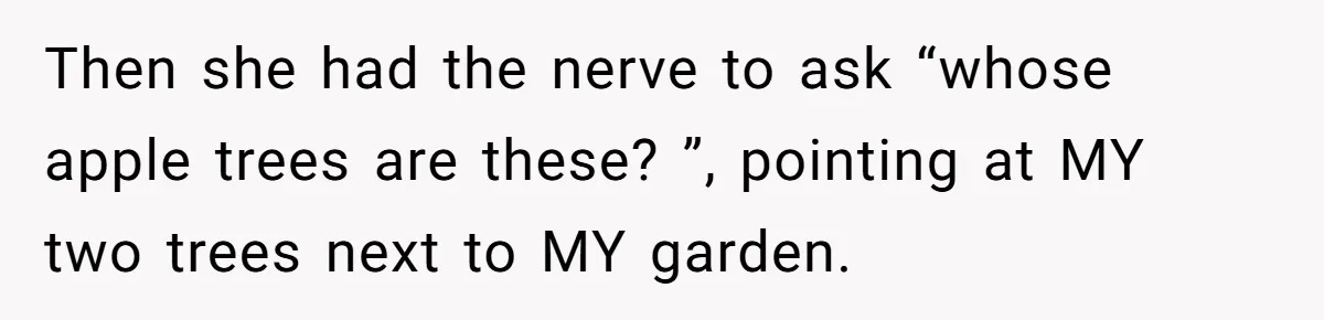 Then she had the nerve to ask “whose apple trees are these? ”, pointing at MY two trees next to MY garden.