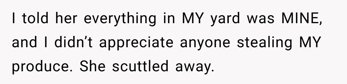 I told her everything in MY yard was MINE, and I didn’t appreciate anyone stealing MY produce. She scuttled away.