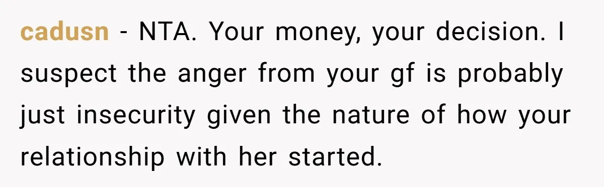 cadusn − NTA. Your money, your decision. I suspect the anger from your gf is probably just insecurity given the nature of how your relationship with her started.