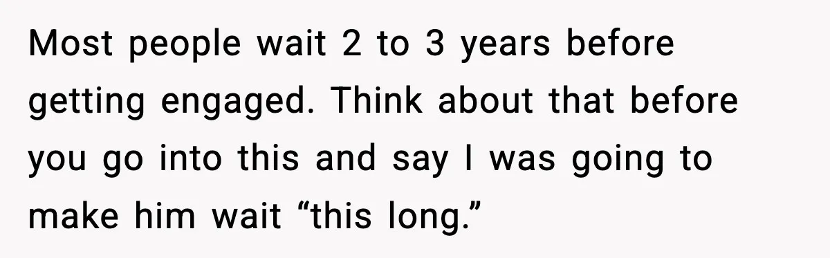 Most people wait 2 to 3 years before getting engaged. Think about that before you go into this and say I was going to make him wait “this long.”
