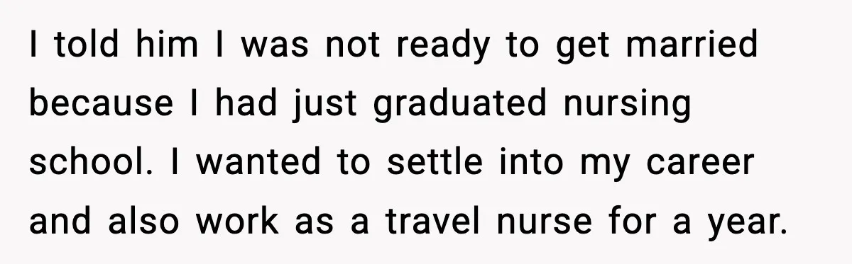 I told him I was not ready to get married because I had just graduated nursing school. I wanted to settle into my career and also work as a travel...