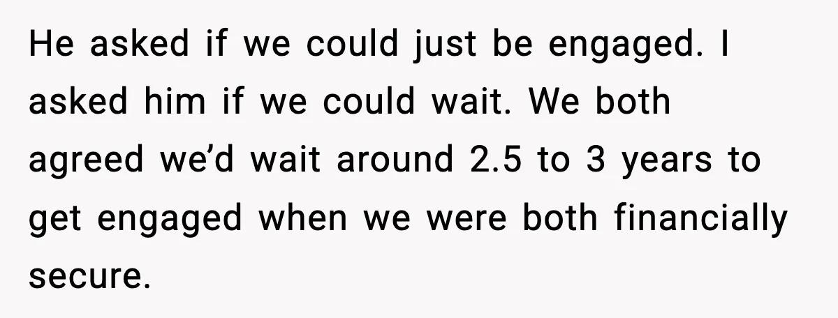 He asked if we could just be engaged. I asked him if we could wait. We both agreed we’d wait around 2.5 to 3 years to get engaged when we...