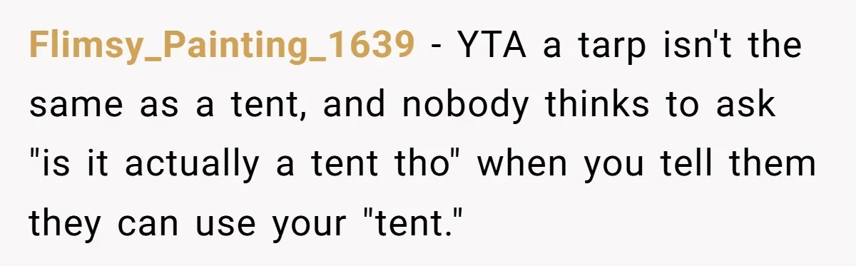 Flimsy_Painting_1639 − YTA a tarp isn't the same as a tent, and nobody thinks to ask "is it actually a tent tho" when you tell them they can use your...