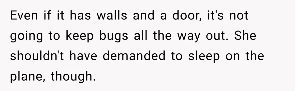 Even if it has walls and a door, it's not going to keep bugs all the way out. She shouldn't have demanded to sleep on the plane, though.