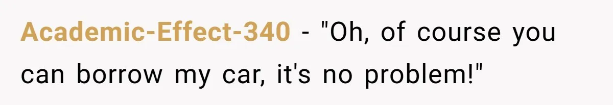 Academic-Effect-340 − "Oh, of course you can borrow my car, it's no problem!"
