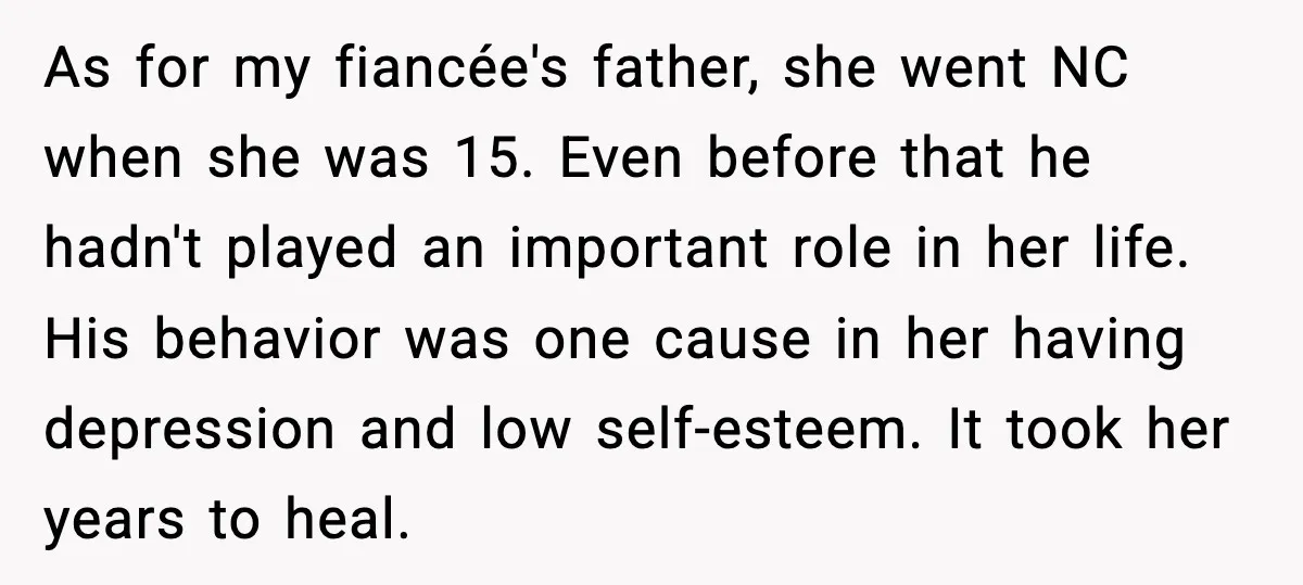 As for my fiancée's father, she went NC when she was 15. Even before that he hadn't played an important role in her life. His behavior was one cause in...