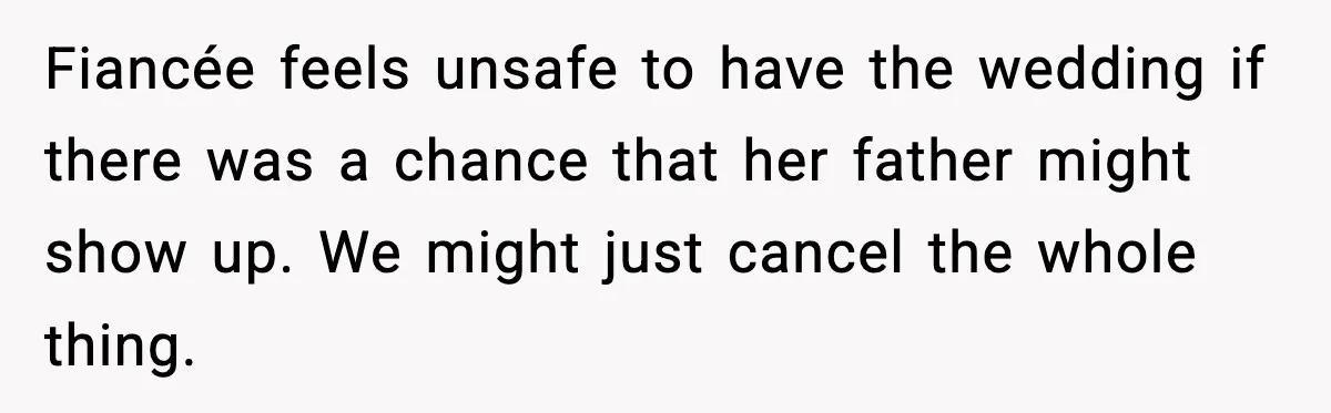 Fiancée feels unsafe to have the wedding if there was a chance that her father might show up. We might just cancel the whole thing.