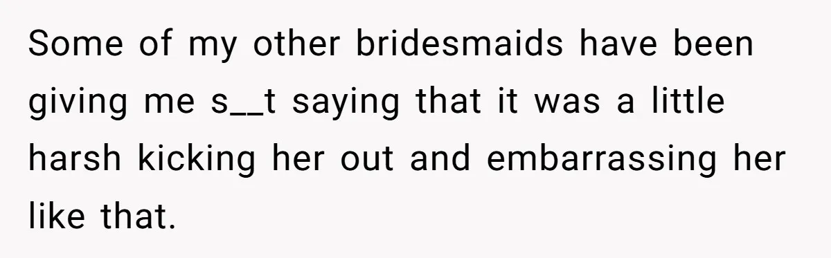 Some of my other bridesmaids have been giving me s__t saying that it was a little harsh kicking her out and embarrassing her like that.
