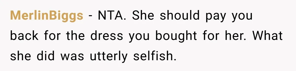 MerlinBiggs − NTA. She should pay you back for the dress you bought for her. What she did was utterly selfish.