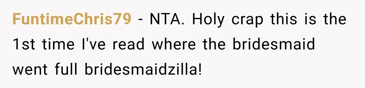 FuntimeChris79 − NTA. Holy crap this is the 1st time I've read where the bridesmaid went full bridesmaidzilla!