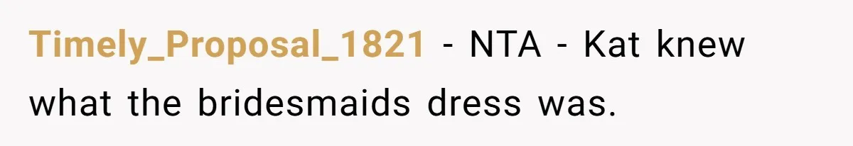 Timely_Proposal_1821 − NTA - Kat knew what the bridesmaids dress was.