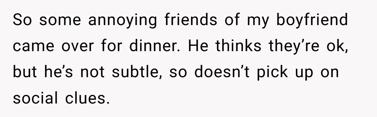 So some annoying friends of my boyfriend came over for dinner. He thinks they’re ok, but he’s not subtle, so doesn’t pick up on social clues.