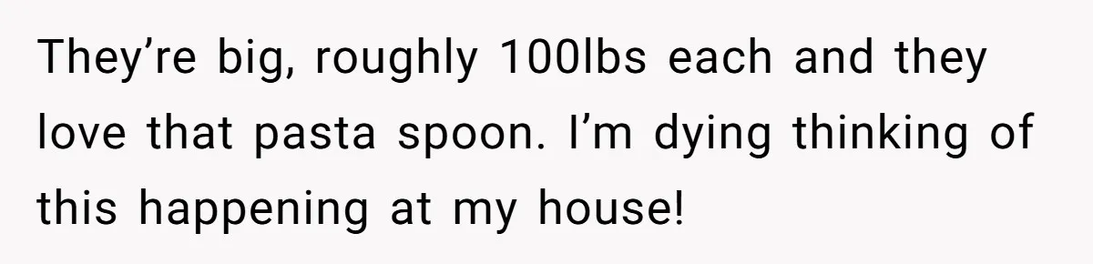 They’re big, roughly 100lbs each and they love that pasta spoon. I’m dying thinking of this happening at my house!