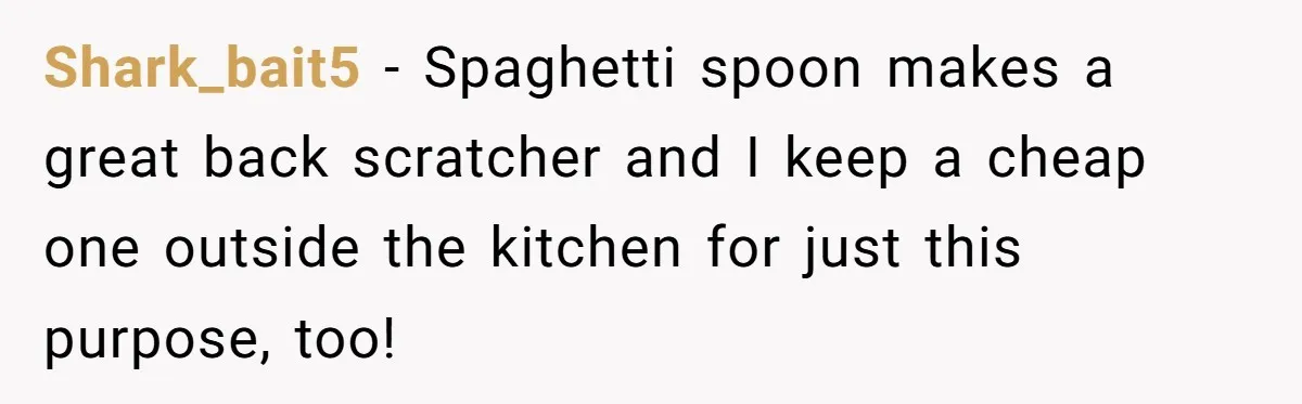 Shark_bait5 − Spaghetti spoon makes a great back scratcher and I keep a cheap one outside the kitchen for just this purpose, too!