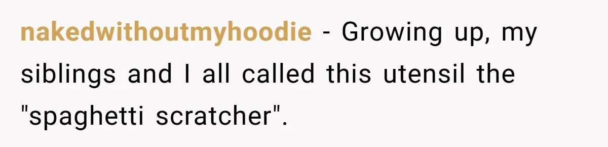 nakedwithoutmyhoodie − Growing up, my siblings and I all called this utensil the "spaghetti scratcher".