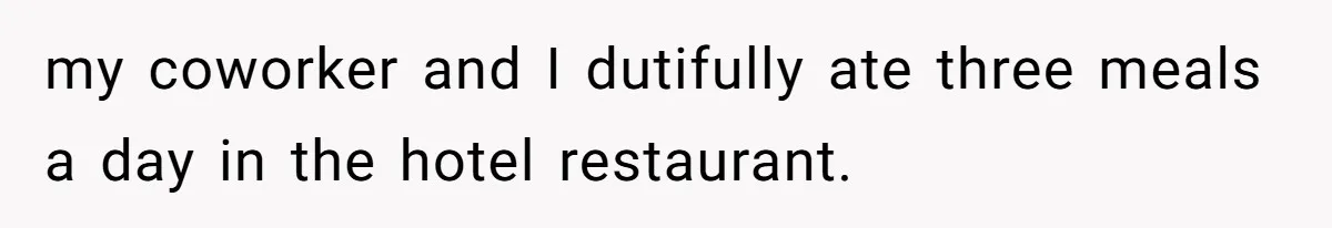 my coworker and I dutifully ate three meals a day in the hotel restaurant.