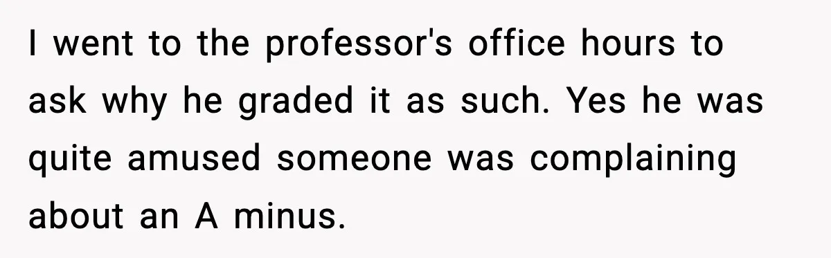 I went to the professor's office hours to ask why he graded it as such. Yes he was quite amused someone was complaining about an A minus.