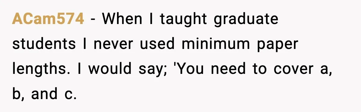 ACam574 - When I taught graduate students I never used minimum paper lengths. I would say; 'You need to cover a, b, and c.