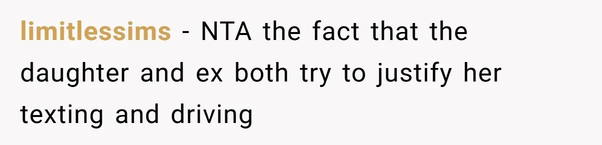 limitlessims − NTA the fact that the daughter and ex both try to justify her texting and driving