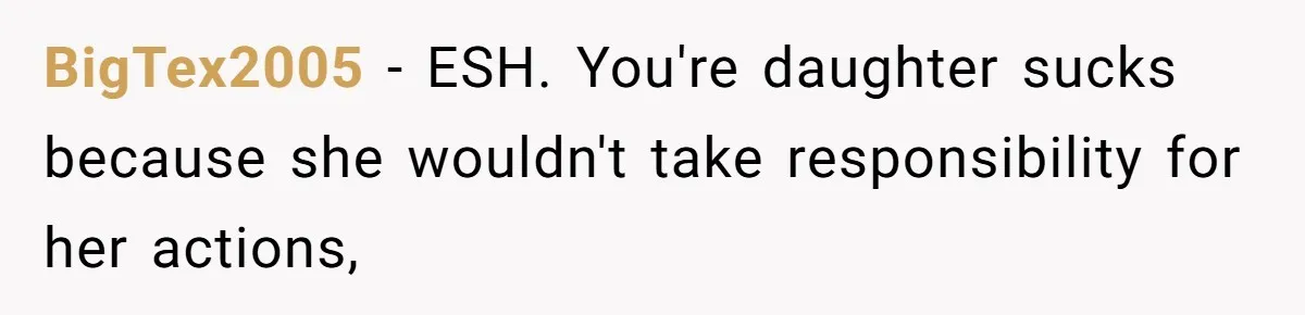 BigTex2005 − ESH. You're daughter sucks because she wouldn't take responsibility for her actions,