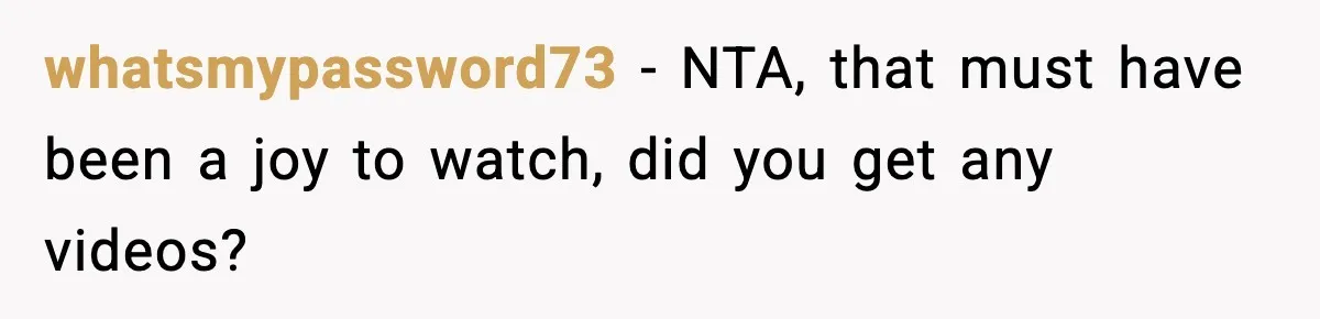 whatsmypassword73 - NTA, that must have been a joy to watch, did you get any videos?