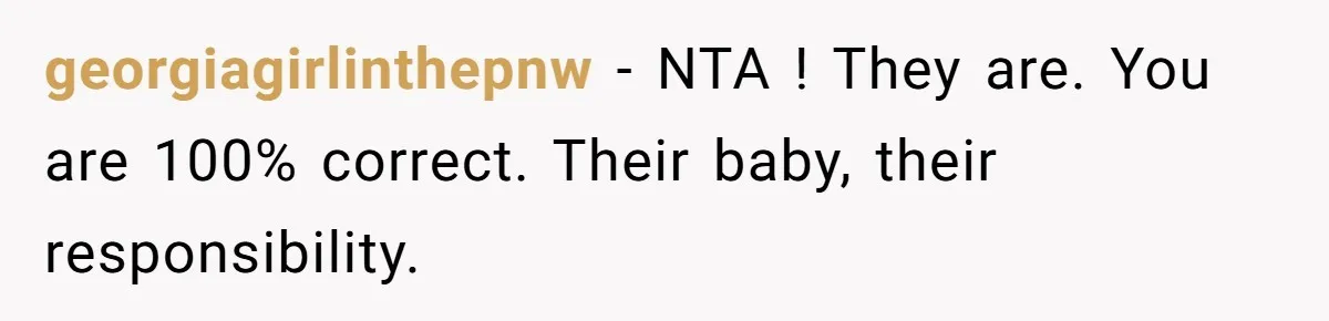 georgiagirlinthepnw − NTA ! They are. You are 100% correct. Their baby, their responsibility.