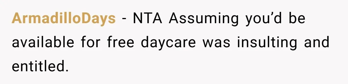 ArmadilloDays − NTA Assuming you’d be available for free daycare was insulting and entitled.